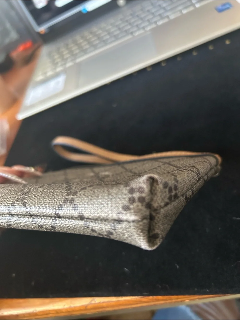 FASHION-Beige Monogram Wristlet Pouch